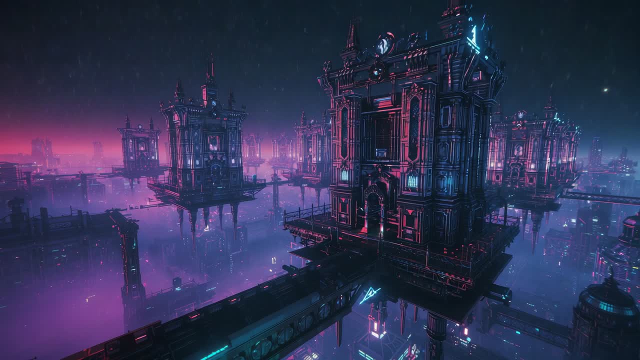 Central neon-lit floating platform hovering in futuristic metropolis, with pulsating neon fog