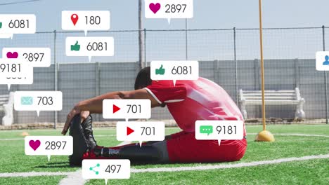 인공 다리 스트레칭을 가진 두 인종 남성 축구 선수에 대한 소셜 미디어 아이콘의 애니메이션