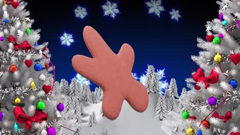 Animation-of-christmas-snowman-gingerbread-cookie-over-snow-falling-and-winter-scenery