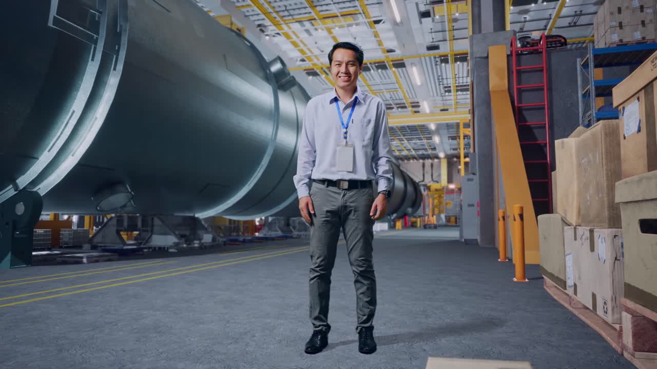 ingeniero sonriente en una fábrica moderna