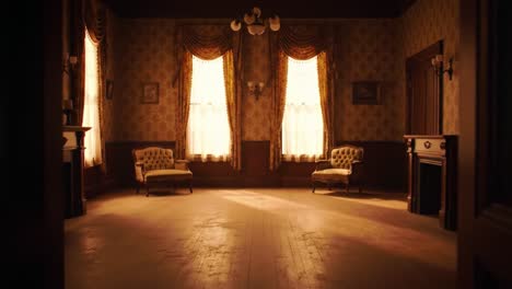sunlight streams through the tall windows of a spacious vintage room, illuminating the antique chairs and warm wooden floor. the atmosphere feels nostalgic and inviting, perfect for reflection.