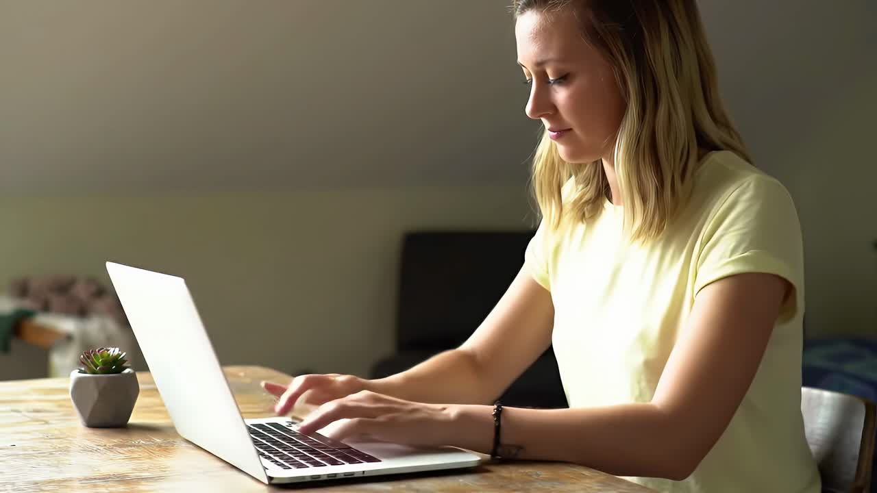 una mujer está sentada en una mesa con una computadora portátil delante de ella