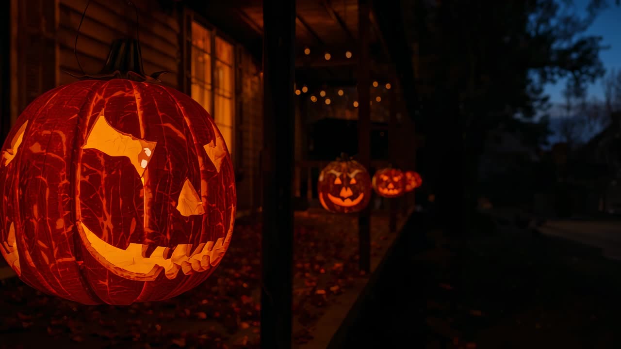 Pulling camera back revealing three lit jack-o-lanterns on porch stakes, for Halloween display