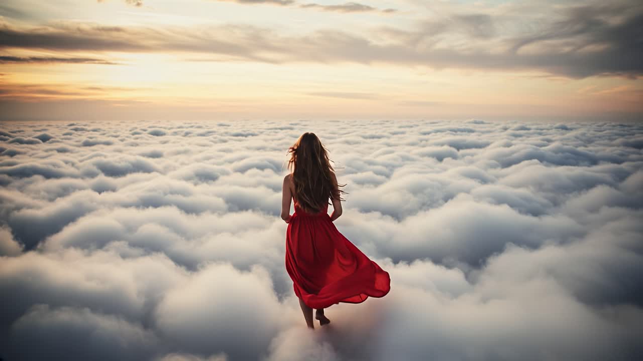 Woman in Red Dress Above the Clouds at Sunset