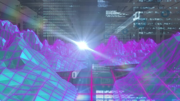Animation of light spot and data processing over metaverse structures against computer server room