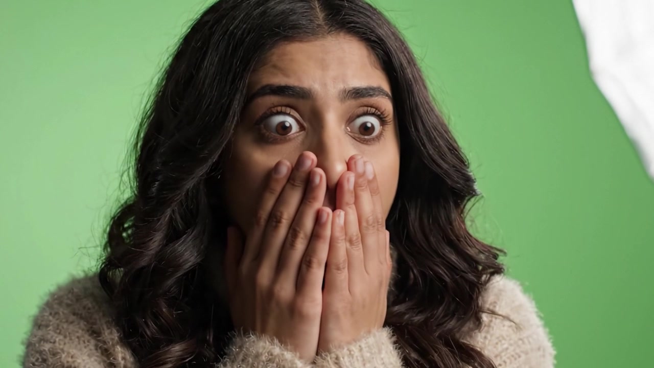 A Captivating Emotional Expression in a Green Screen Setting Featuring a Young Woman with Stunning Long Hair and a Cozy Knit Sweater, Perfect for Film Production