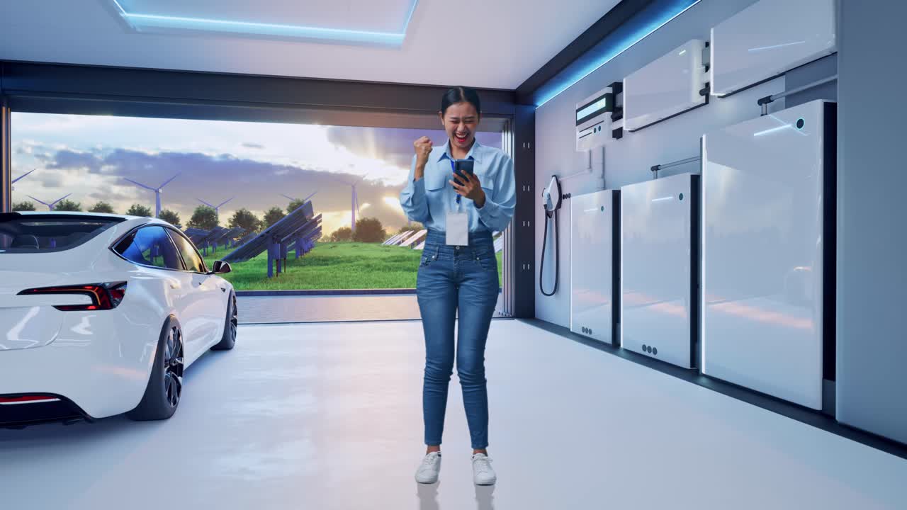 Full Body Of Asian Female With Her Smarphone With Home Energy Storage System In a Modern Garage, She Raises Her Fist Up With Screaming Goal