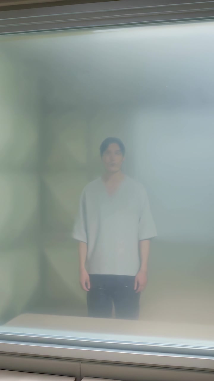 Vertical video: Man in light shirt and dark pants stepping into booth behind frosted window, panels