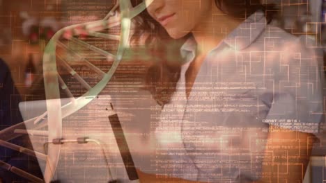 Animation-of-programming-data-and-dna-helix-rotating-over-businesswoman-using-digital-pc