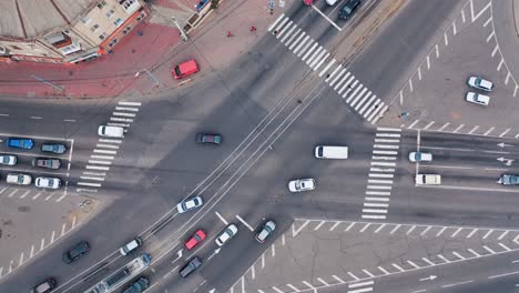 aerial view of a busy city intersection with cars and pedestrian crossings