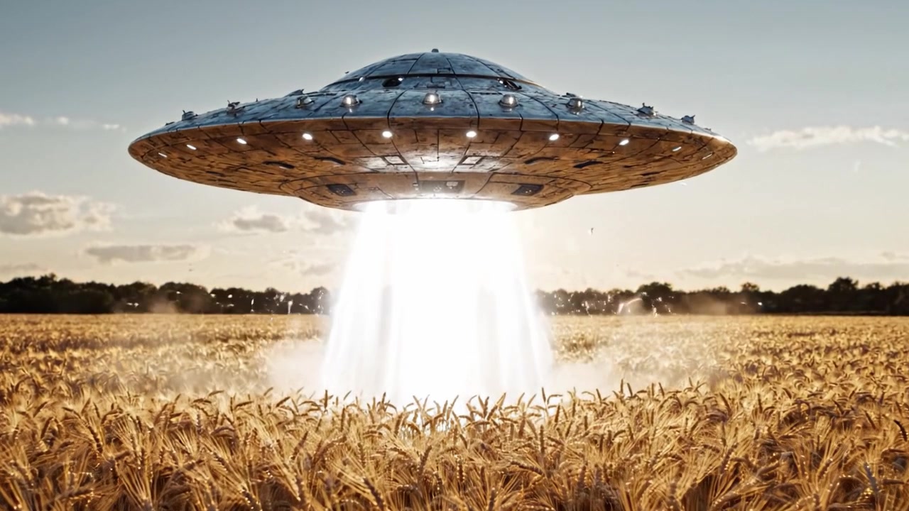 A mesmerizing encounter with a futuristic spacecraft hovering above a golden wheat field, revealing the allure of extraterrestrial presence and the mystery of unknown worlds.