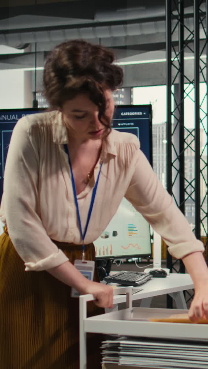 Vertical Video Woman secretary in an office pushes a trolley filled with paperwork