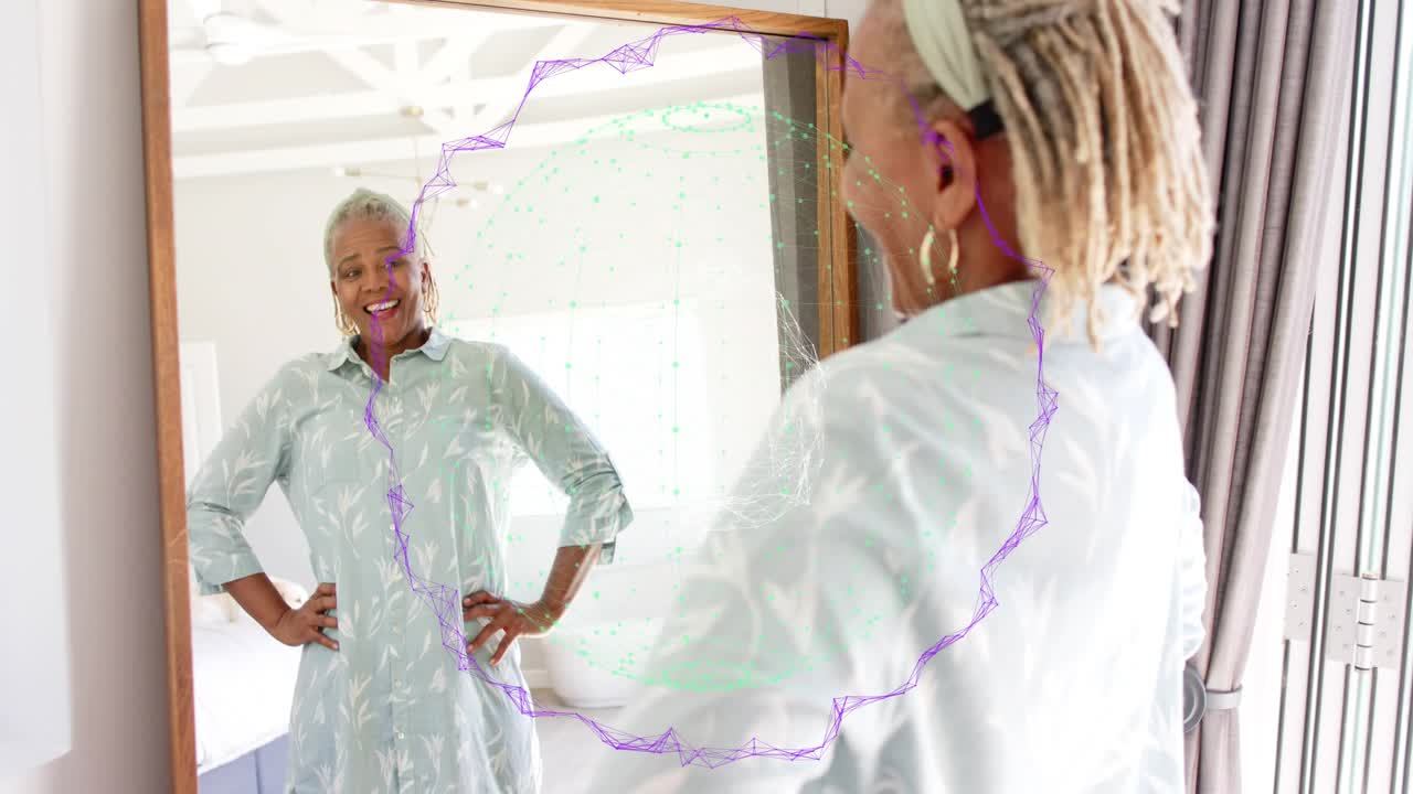 Woman adjusting shirt dress in dressing area, activating AR overlay around mirror and assessing fit