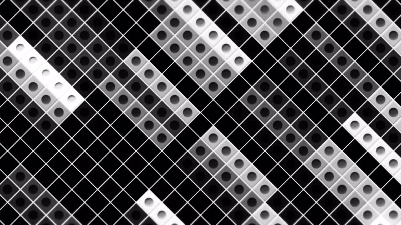 bloques de juguetes constructores de niños abstractos, monocromáticos. formas cúbicas de movimiento parpadeando y moviéndose sobre un fondo negro, bucle sin costuras