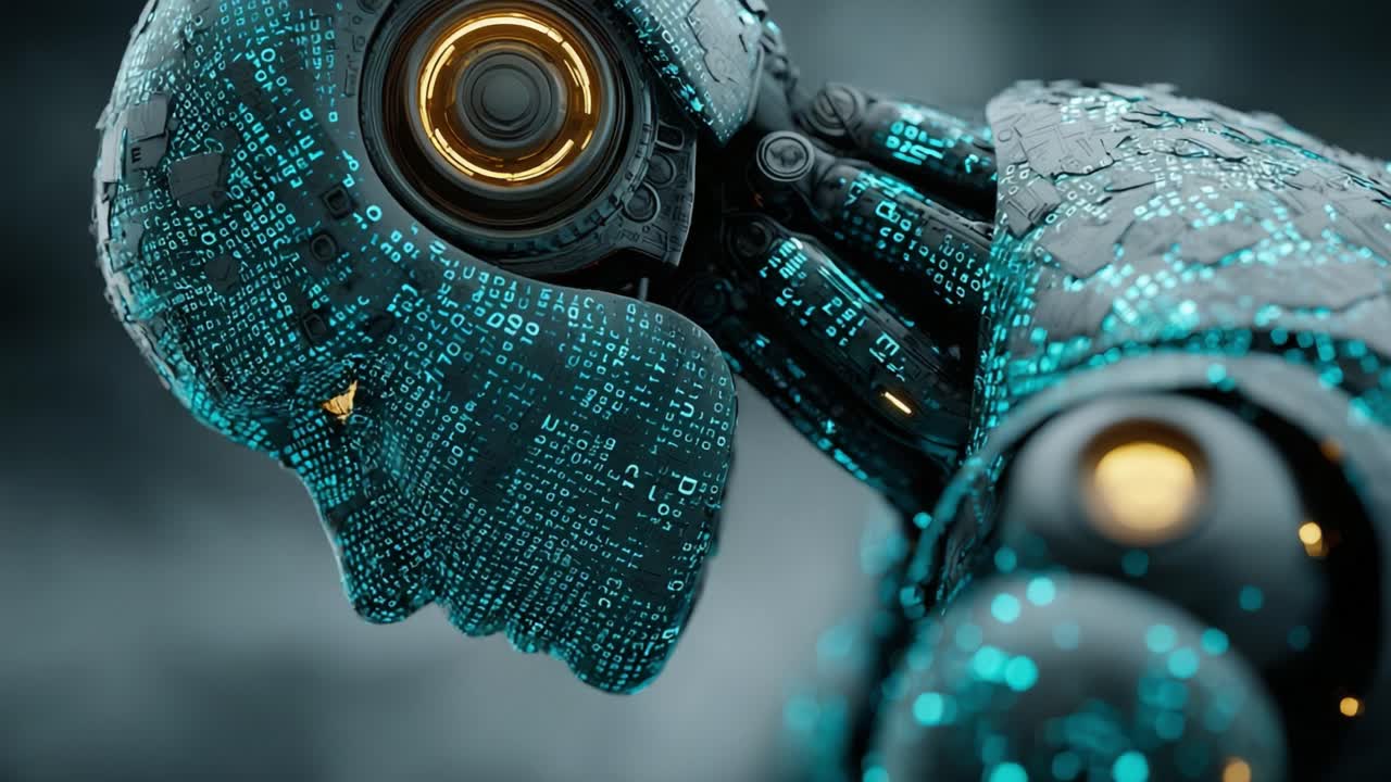 Close up of an advanced artificial intelligence contemplating, its metallic body covered in glowing blue binary code, symbolizing deep learning, data processing, and the dawn of sentient machines