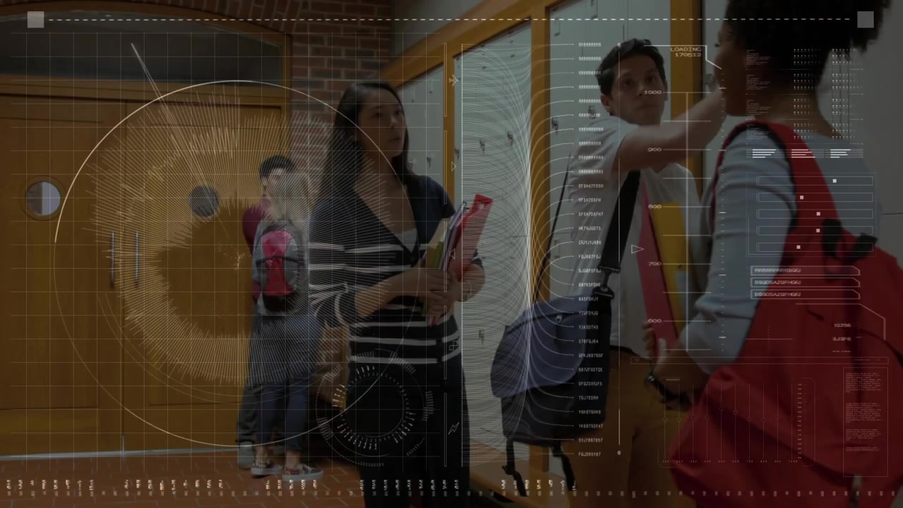 Three peers chatting at school lockers, male walking while red-backpack using locker, HUD passive