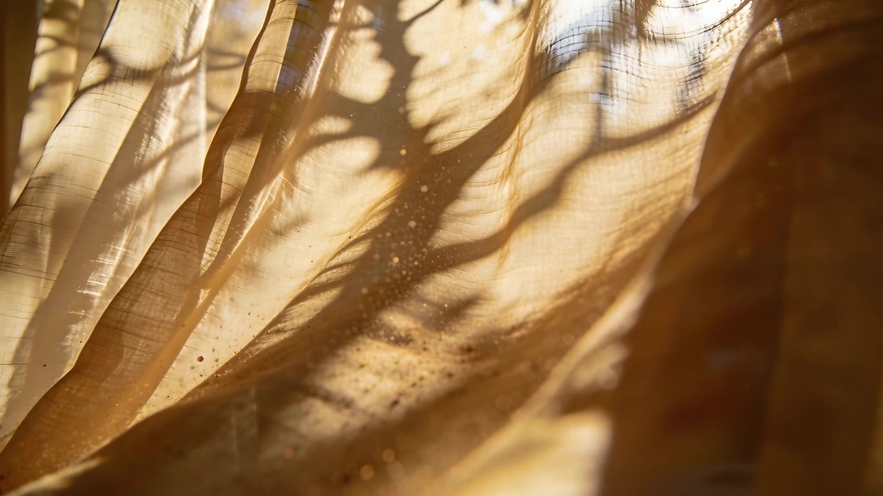 Tenda beige ondeggiante alla finestra, brezza che solleva le pieghe e ombre dei rami che scivolano con la polvere