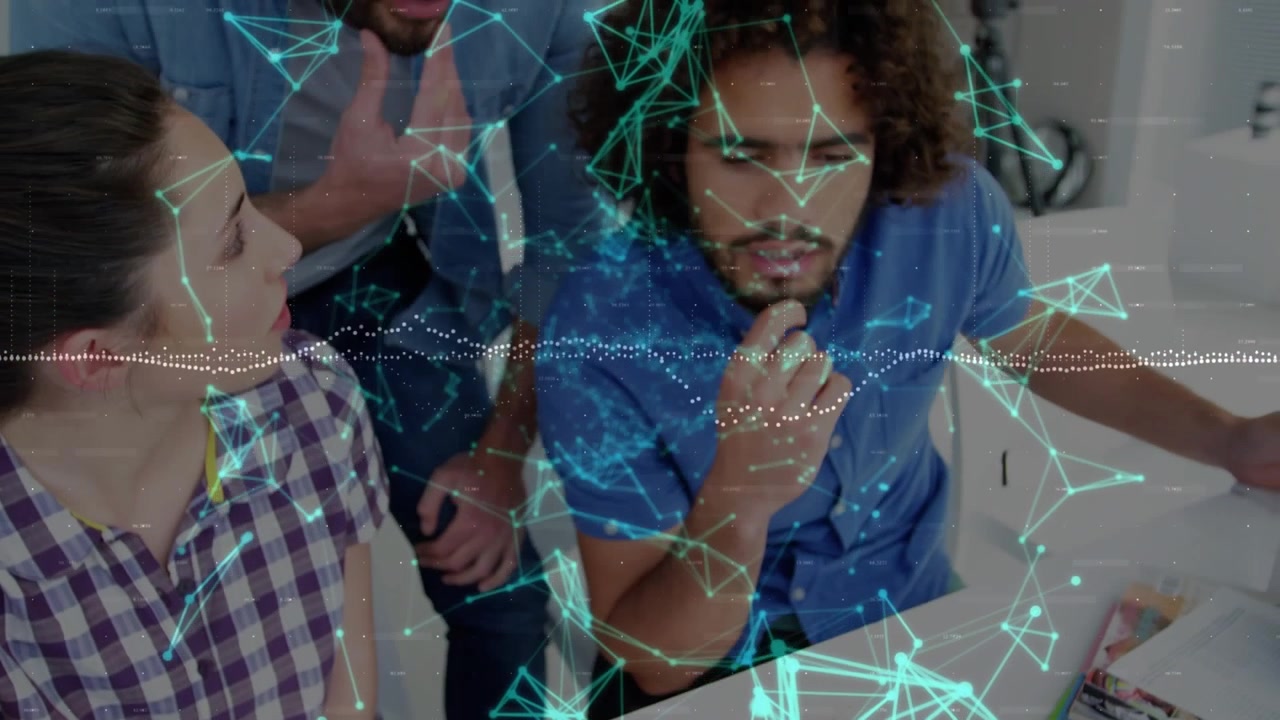 Animation of plexus networks against team of diverse colleagues discussing over color swatches