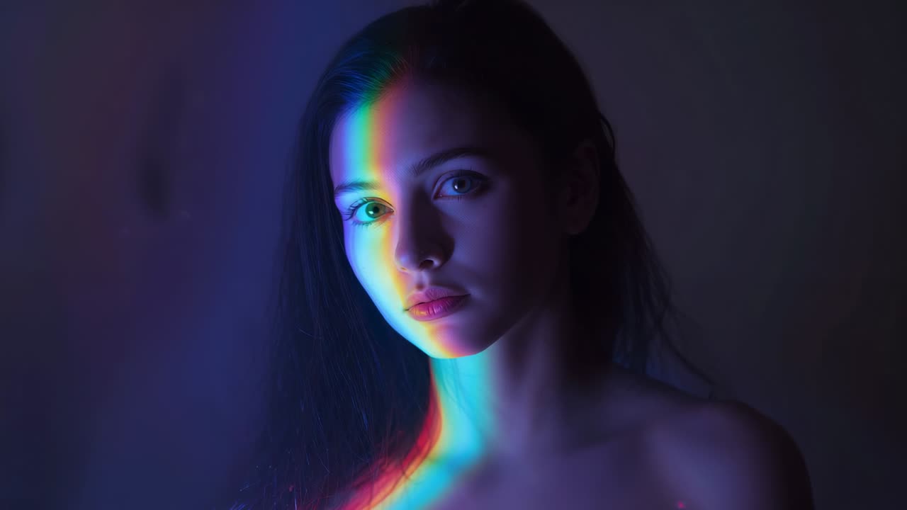 Adult Asian female standing in dark studio, with rainbow beam casting diagonally across her face
