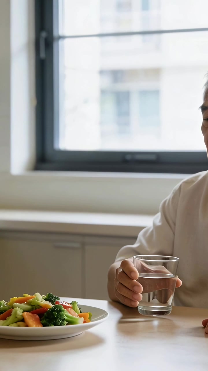 Vertical video: At meal man in short-sleeve shirt drinking gesturing at table with glass
