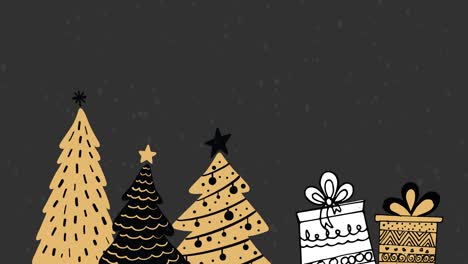 nieve cayendo sobre los árboles de navidad y regalos contra un fondo gris