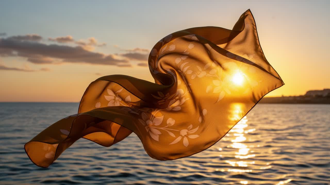 Captivating Dance of a Silken Scarf against a Stunning Sunset over the Ocean, Highlighting Nature's Beauty and the Elegance of Flowing Fabric