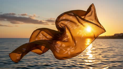 captivating dance of a silken scarf against a stunning sunset over the ocean, highlighting nature's beauty and the elegance of flowing fabric