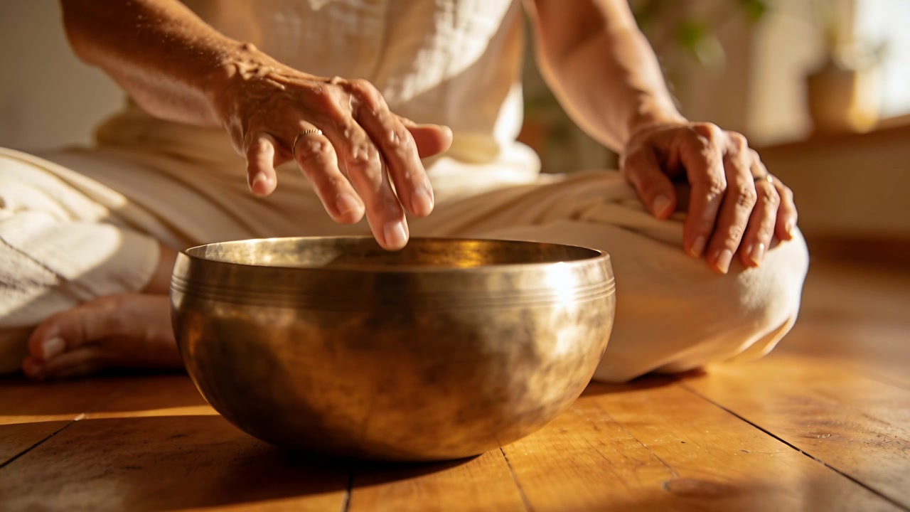 Äldre person lyfter höger hand och stryker kanten på en sjungande metallskål hemma, klädd i lätta meditationskläder.