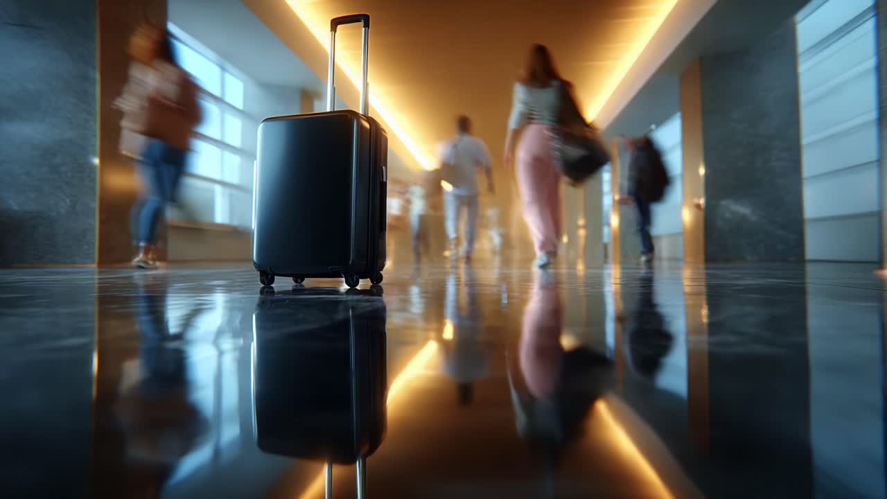 A sleek black suitcase rests on a polished floor, surrounded by blurred figures of travelers moving through a modern terminal, showcasing the hustle and bustle of travel in a contemporary setting