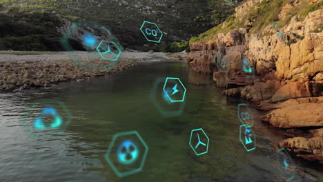 animación de iconos de sostenibilidad y ecología sobre el paisaje