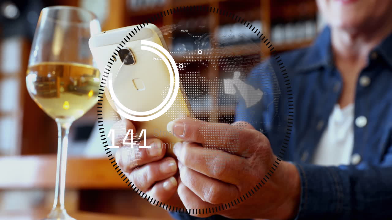 Animation of data processing and globe over hands using smartphone