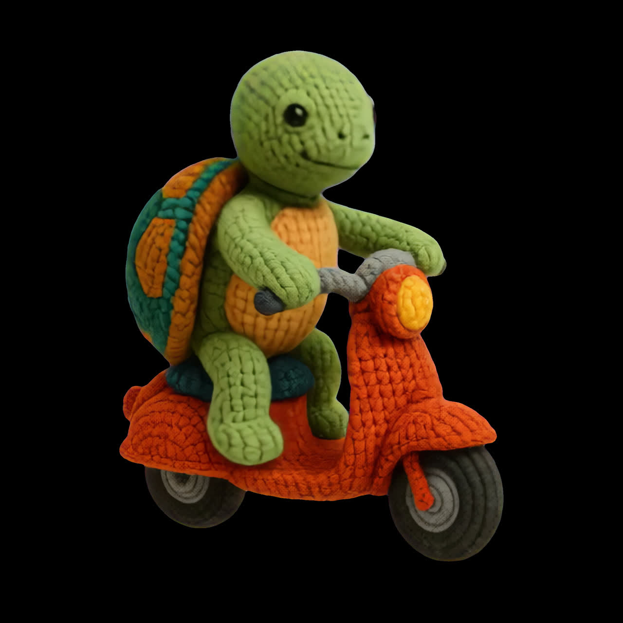 Recurso isolado de animação de tartaruga de crochê andando de scooter, vídeo transparente em 4K, canal alfa, ProRes