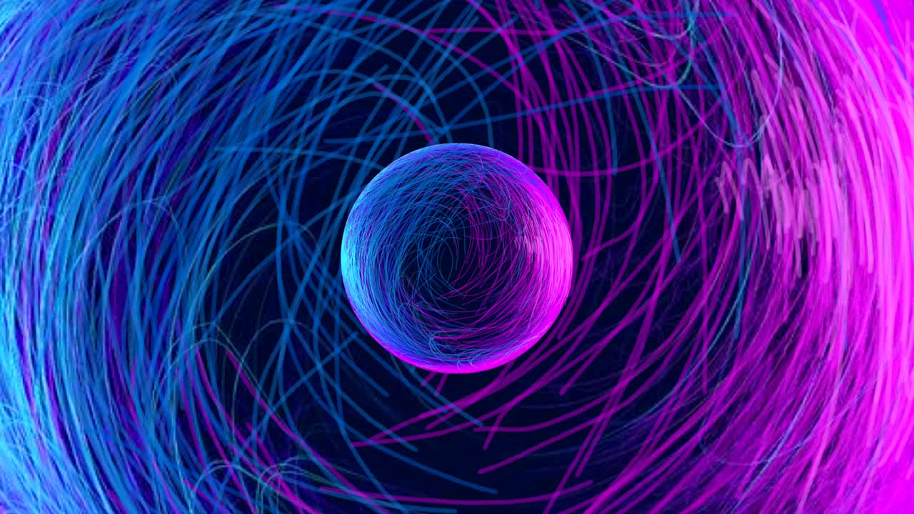 Shining purple and blue animated abstract lines form a beautiful rotating ball on an attractive colorful background. 4k.