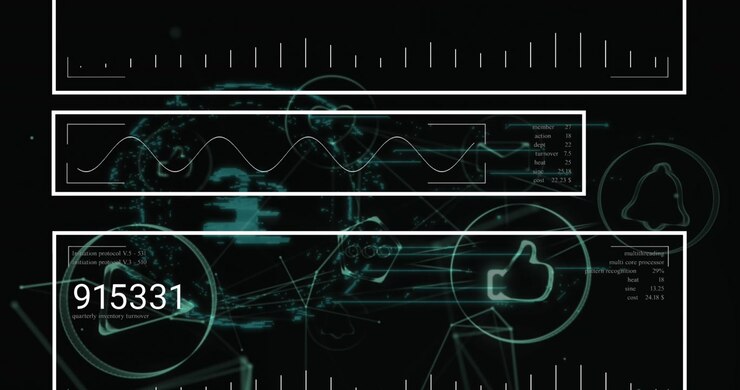 Animation of data processing and mathematical equations over screens