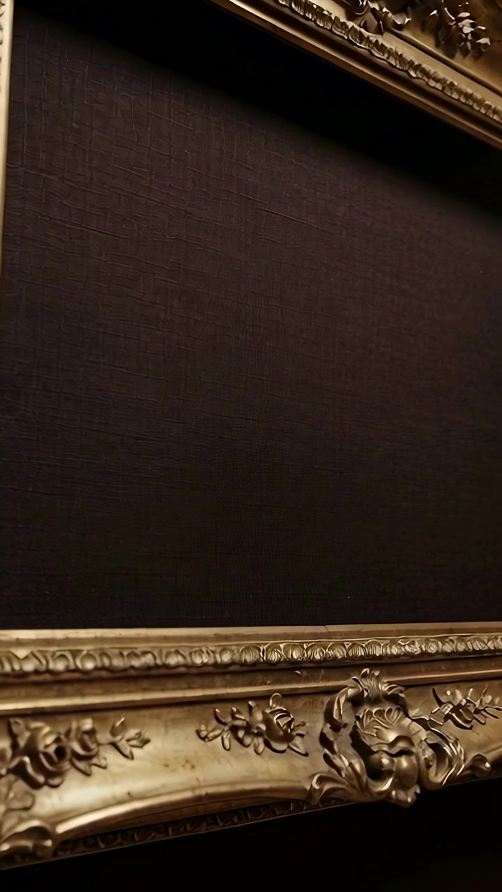 Video verticale: Telecamera in panoramica oltre una cornice dorata con volute floreali in galleria.