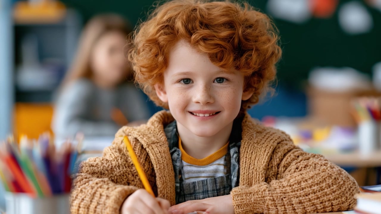 Un giovane studente gioioso impegnato nell'espressione creativa: un affascinante ragazzo dai capelli rossi concentrato sul suo disegno con un sorriso commovente in un'aula colorata