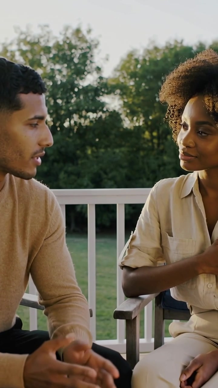 Vertical video: Starting man gesturing while woman relaxing on porch chairs to connect, in sweater