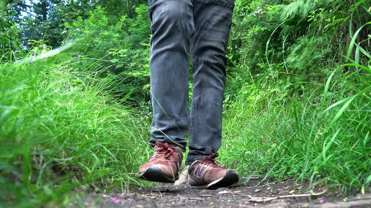 parte inferior del cuerpo de un hombre caminando por el sendero con hierba exuberante - cámara lenta