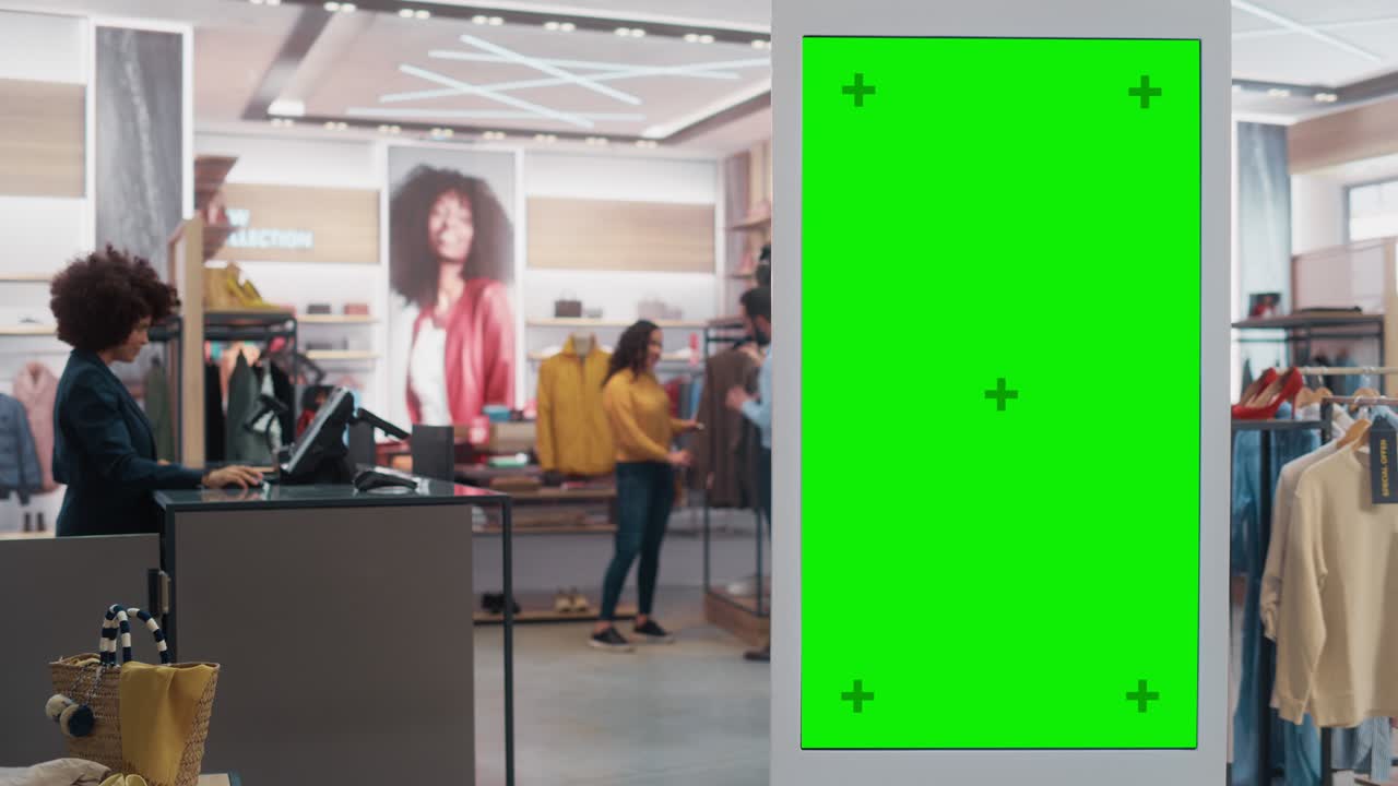 Customer Using Floor-Standing LCD Touch Display with Green Screen Chroma Key Mock Up while Shopping in Clothing Store. She is Checking for Information, Looking at a Floor Plan, Choosing Items Online.