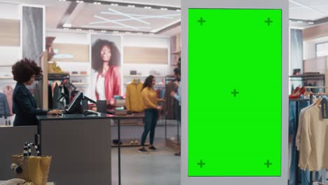 cliente usando pantalla táctil lcd de pie en el piso con pantalla verde chroma clave maquillaje mientras hace compras en la tienda de ropa. ella está comprobando la información, mirando un plano de piso, la elección de artículos en línea.