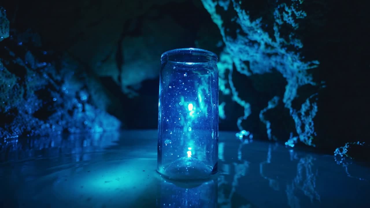 Barattolo di vetro poggiato su una pozza calma, con luce blu pulsante che crea riflessi e particelle che si depositano per un effetto di design.