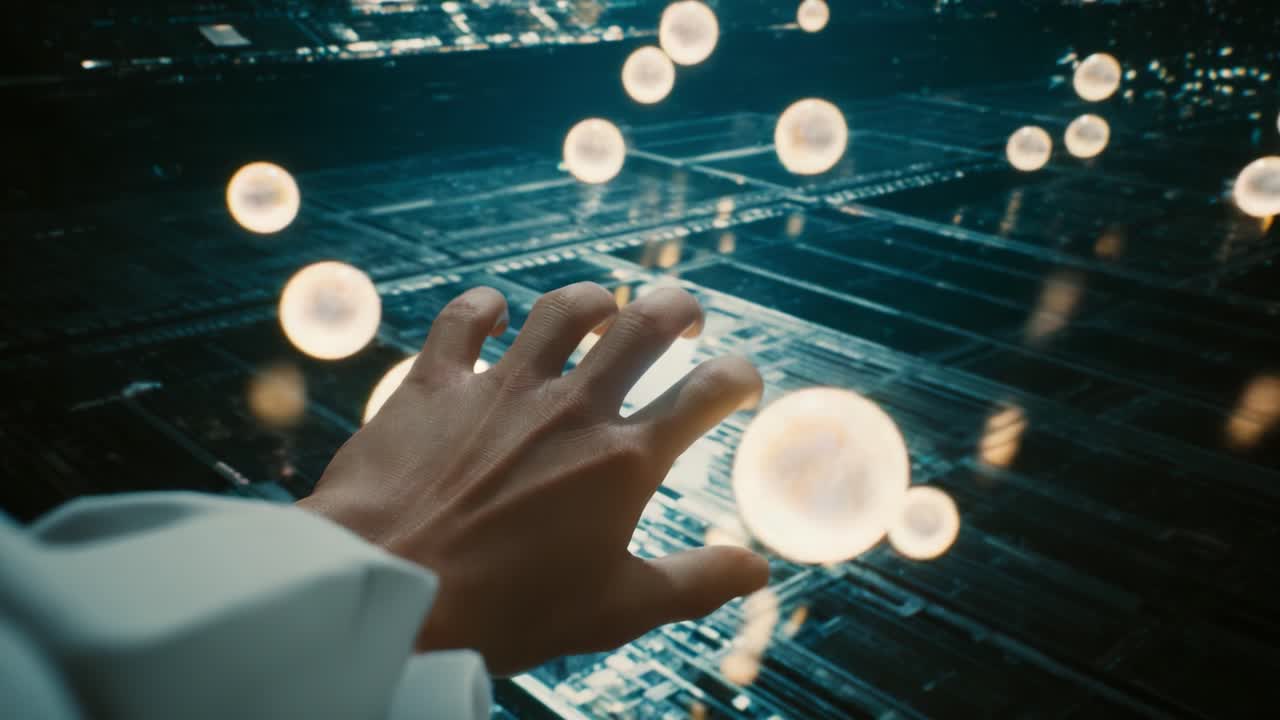 A Mystical Exploration: A Hand Reaches Out Toward Glowing Orbs in a High-Tech, Futuristic Environment, Capturing the Essence of Discovery and Wonder in a Digital Realm