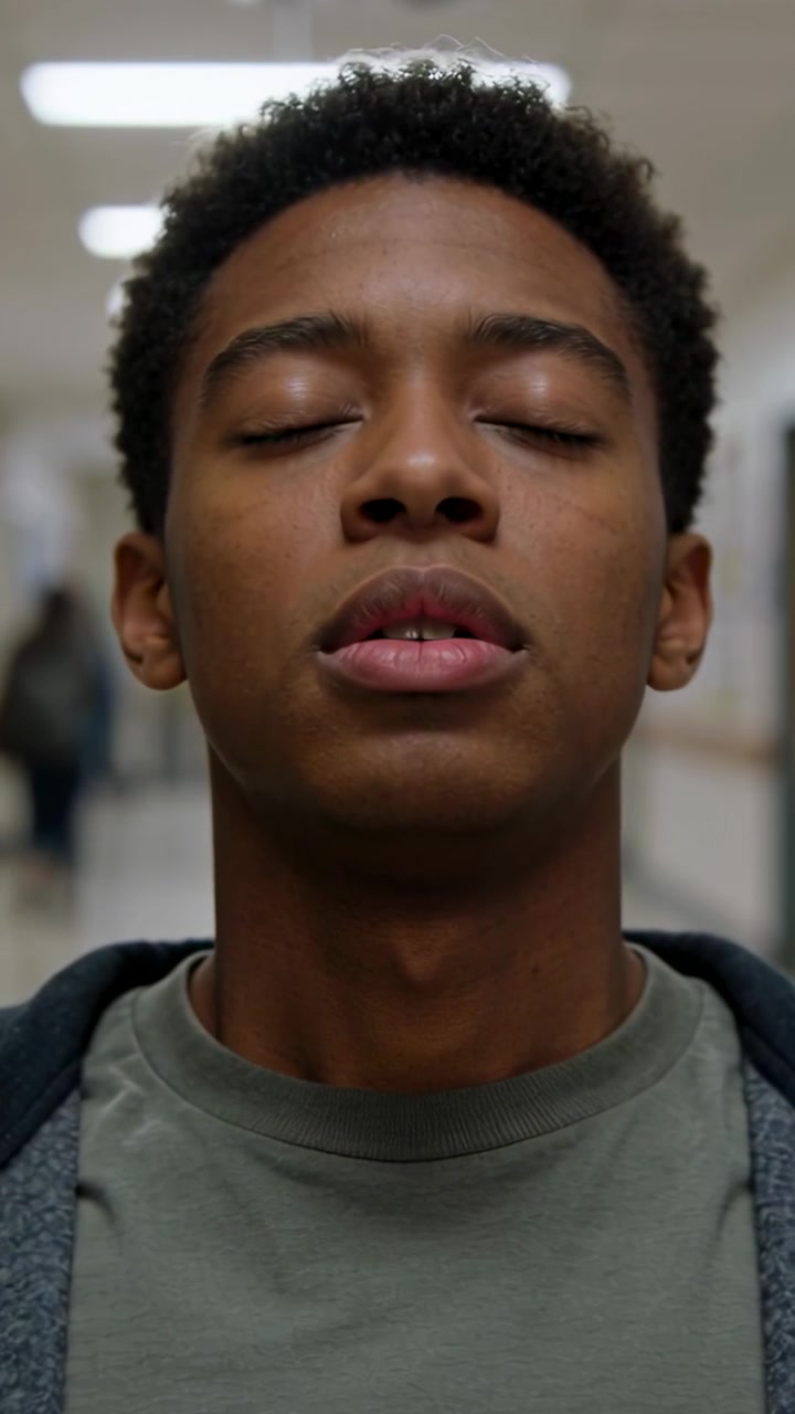 Vertical video: Breathing student with closed eyes for calm in school hall, grey hoodie, lockers