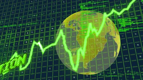 Animación-Del-Texto-De-Inflación-En-Verde-Sobre-Gráfico,-Globo-Terráqueo-Y-Procesamiento-De-Datos-En-Negro