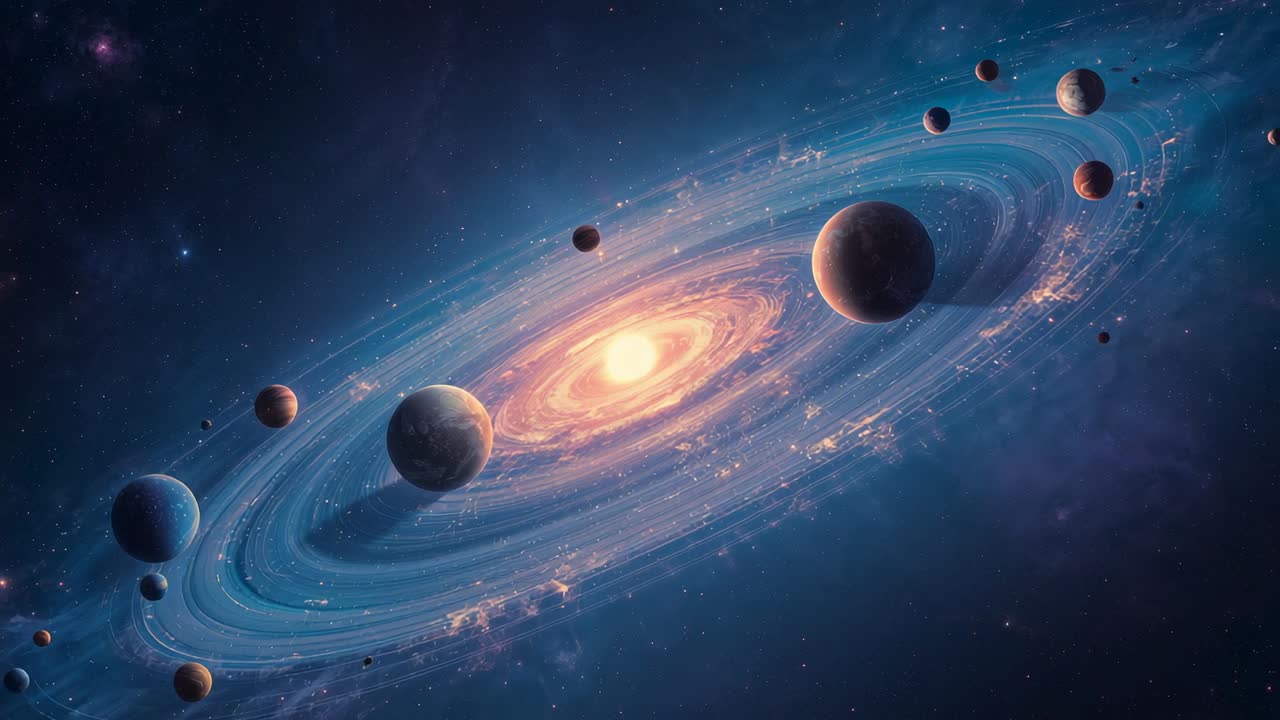 Glowing central star illuminating swirling dust ring and planets drifting along orbits in space