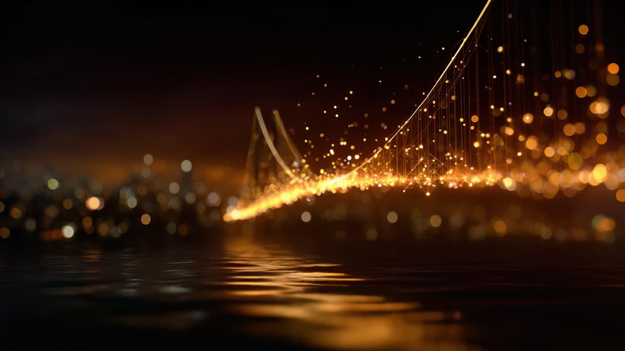 Una splendida vista notturna che rivela un ponte adornato con luci dorate che si riflettono sull'acqua, creando un incredibile contenuto visivo in un paesaggio urbano