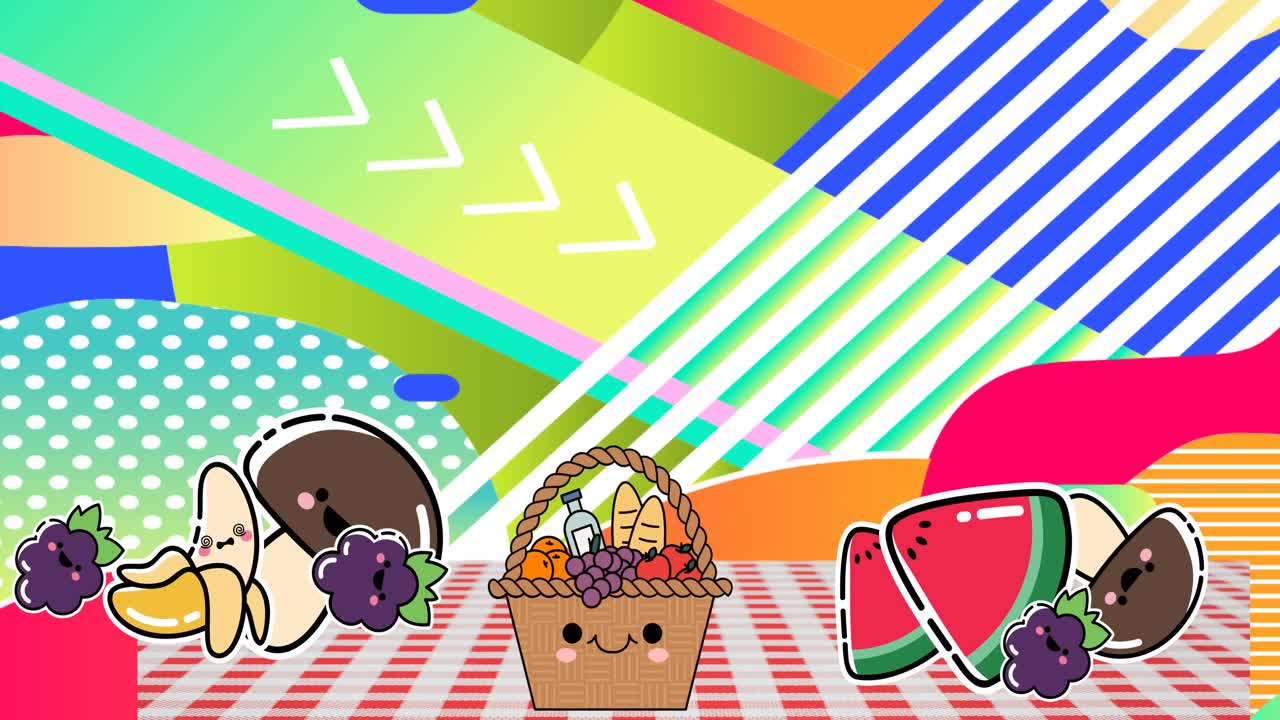 animación de cestas de picnic en mantel de gingham sobre un fondo de patrón abstracto
