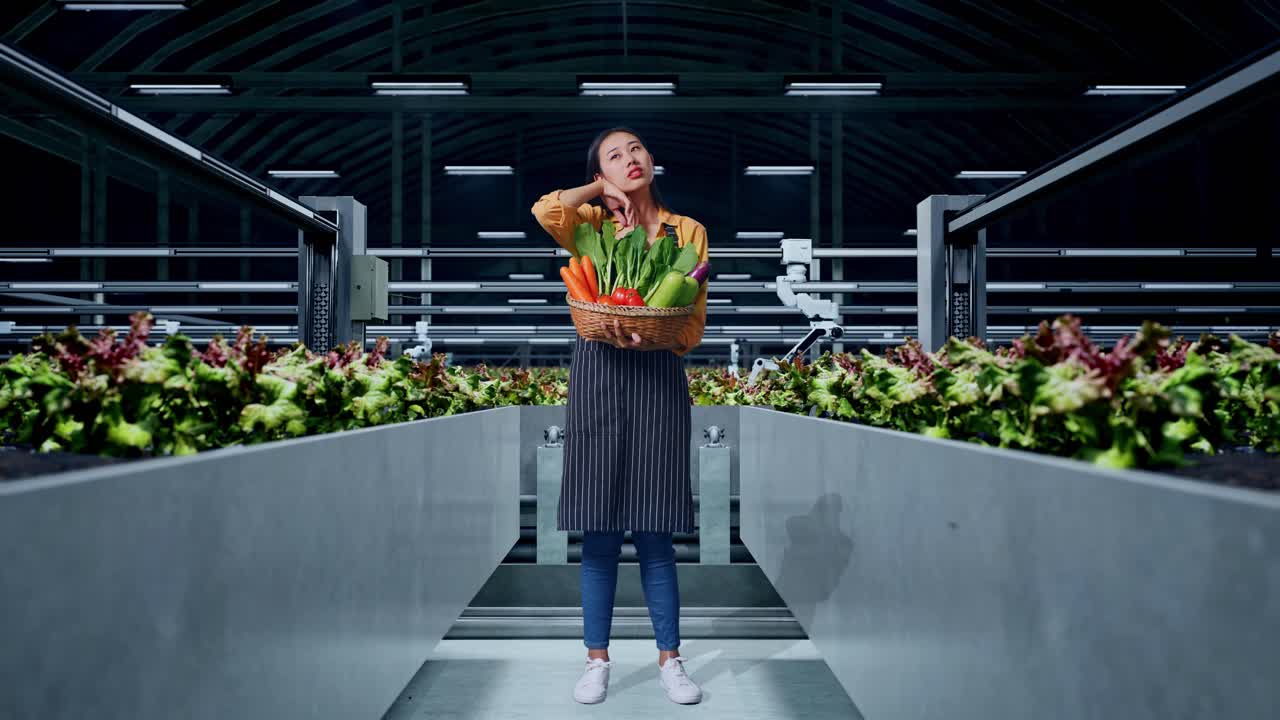 cuerpo lleno de cansada asiática granjera con canasta de verduras mientras estaba de pie en la granja inteligente