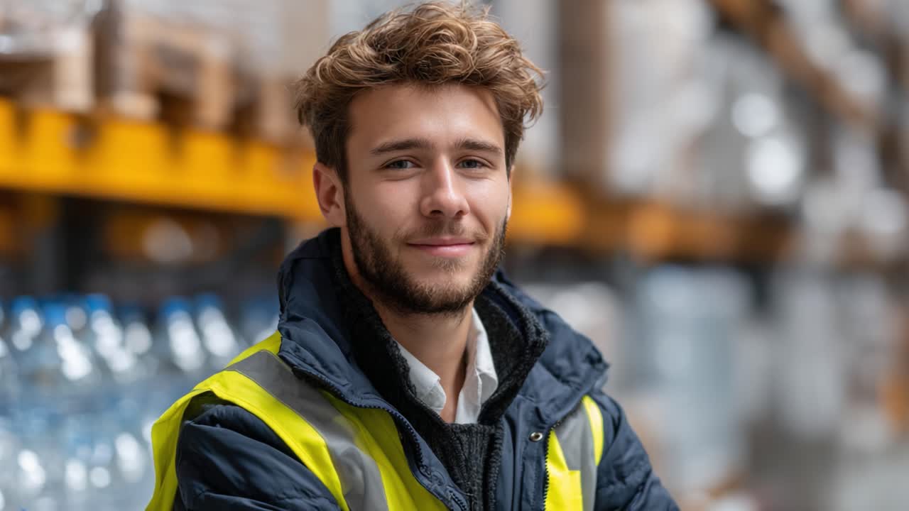 A confident warehouse worker with a friendly expression, showcasing dedication and professionalism in a well-organized storage environment filled with goods