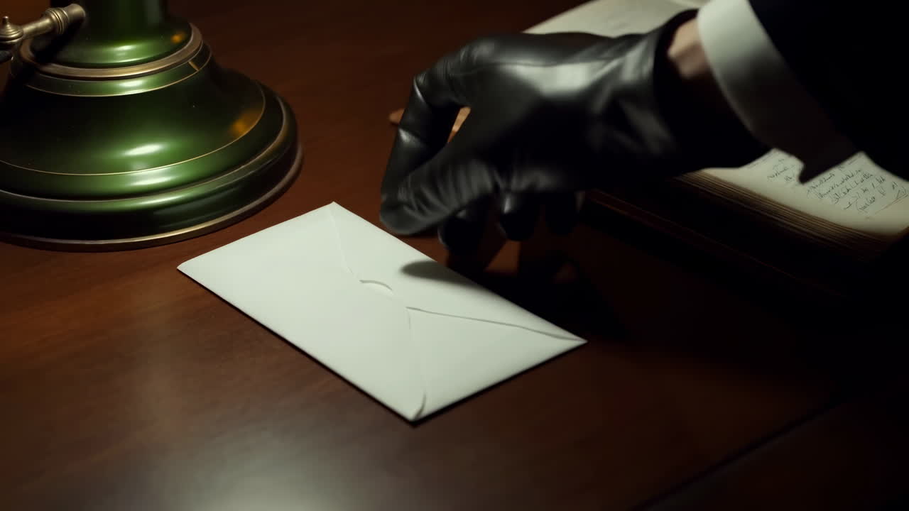 Mano guantata posa busta sigillata su scrivania di legno sotto lampada verde, libro vintage aperto, guanto di pelle implica.